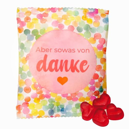 Gastgeschenk Tütchen 25x10g Herzen Fruchtgummi Aber sowas von Danke | gefüllt mit echten Herzgummibärchen mit 10% Fruchtsaft, Kleinigkeiten für jeden Anlass, Geburtstag, Hochzeit, Taufe, 250g