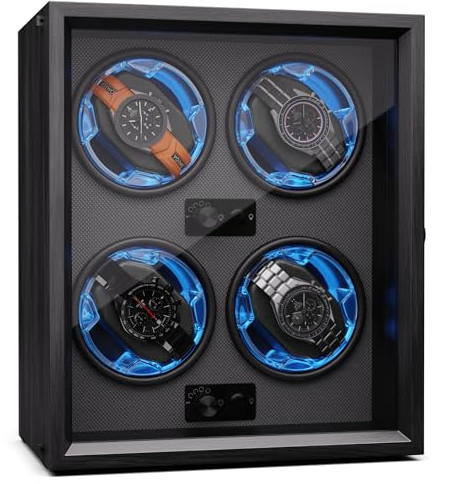 Klarstein Uhrenbeweger für Automatikuhren, Automatik-Uhrenbeweger für 4 Uhren, Automatikuhr Uhrenbeweger mit Acryl-Tür, Automatischer Uhrenbeweger, Blaue LEDs, Watch Winder mit 4 TPD Einstellungen