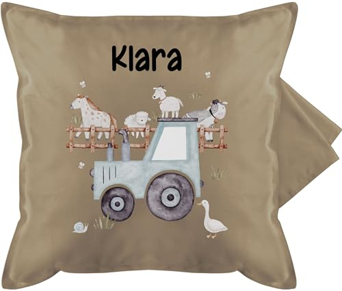Kissenbezug - Bauernhof Traktor Tiere mit Namen Landwirtschaftlicher Tiermotiv Bauernhoftieren - 50 x 50 cm - Beige Natur - Kissen Tractor Pillow trecker Kuh Polster und traktormotiv