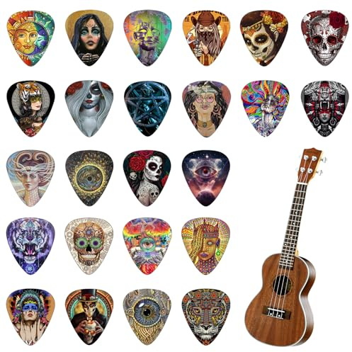 24 Stück Guitar Picks - 4 Verschiedene Stärken Plektrum (0,5mm / 0,71mm / 1mm /1,2mm) - Celluloid Plektren für E-Gitarre, Akustikgitarre, Ukulele, Bass
