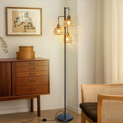 ShineMuse Boho Rattan Stehlampe Wohnzimmer,3 E27 2700K LED-Glühbirnen inkl. 170cm schwarz Vintage Stehlampe Stehleuchte & Fußschalter Retro