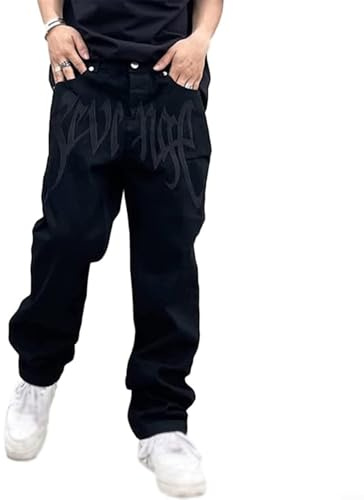 Jean tendance baggy imprimé pour homme, streetwear, pantalon de skateboard Y2K (taille S, noir)