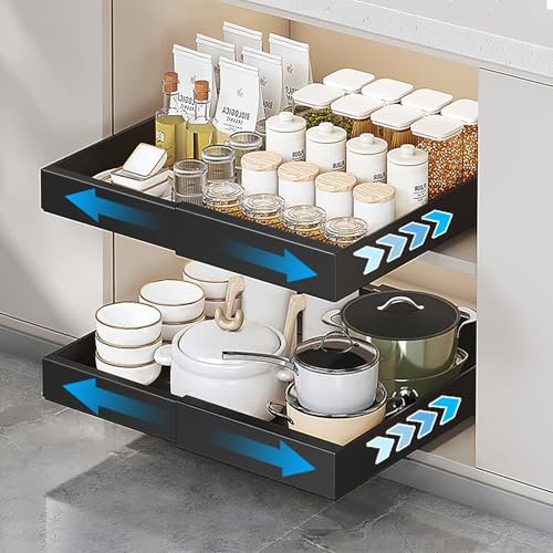 FDOUIGE Teleskopschublade,Ausziehbare Schublade Küche(31-52 cm B x 43 cm T x 7.5 cm H)- Küchenschublade zum kleben nachrüsten ohne Bohren (Schwarz)