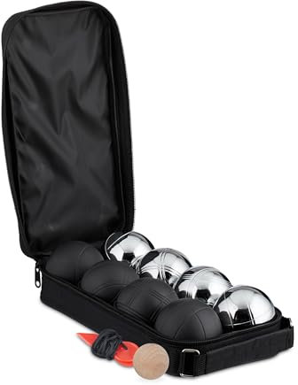 Relaxdays Boule Kugeln, 8 Metall-Kugeln, Set mit Zielkugel & Abstandsmesser, Tragetasche, Boccia Spiel, schwarz/Silber
