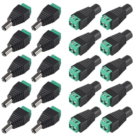 AEDIKO10 Pairs DC Power Connector 5.5 mm x 2.1 mm 12 V Power Jack Adapter 10 x Male and 10 x Female for LED Strip CCTV Security Camera Cable Wire Ends Plug Barrel Adapter
