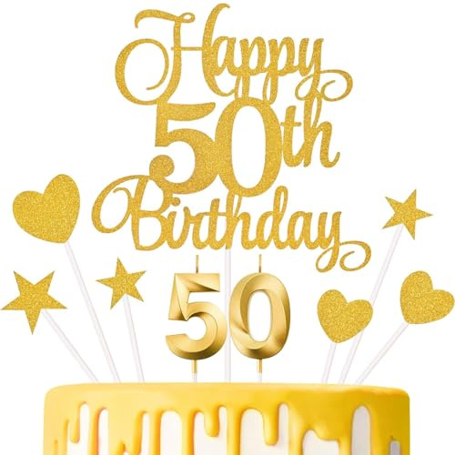 LunarCharm Tortendeko 50 Geburtstag Mann Frau, 50. Torten Deko mit Geburtstagskerzen, Gold Kuchen Deko 50. Geburtstag, für 50 Geburtstag Deko Cake Decoration