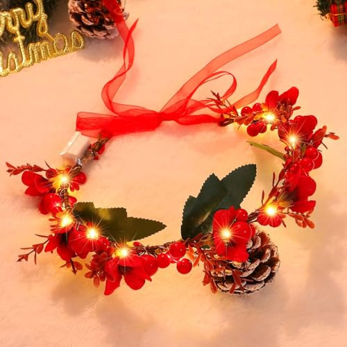 Zoestar Weihnachtskranz mit Beleuchtung, LED-Blumenkranz, rote Beeren-Girlande, Kopfschmuck, Brautschmuck, Weihnachts-Kostüm, Haarschmuck für Damen (A, Einheitsgröße)