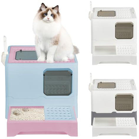 OHMG Caja de arena para gatos con tapa, fácil de limpiar, caja de arena grande, con cajón y pala, caja de arena XXL, caja de arena cerrada, control de olores (blanco-45 x 35 x 38 cm)