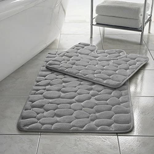EXQUIZIT HOME® Luxury Memory Foam Bath Mat Set 2 Piece – Non Slip Pebble Bathroom Rug & Pedestal Mat, Quick Dry Ultra Absorbent Soft Cushioned Mats 100% Polyester (Silver)
