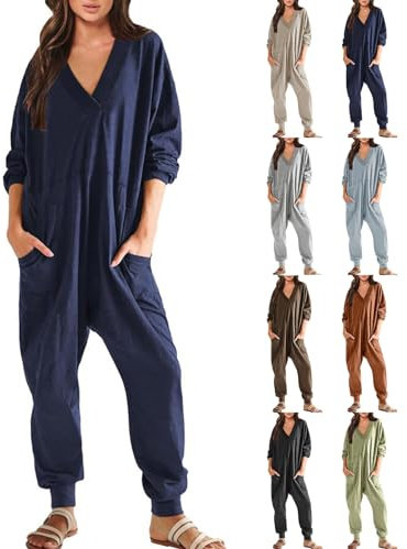 Generisch Combinaison à manches longues en lin pour femme - Pantalon d'été long élégant avec poches - Salopette en tissu - Grandes tailles - Salopette de peintre - Pantalon d'été ample - Jambes larges