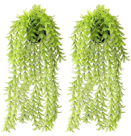 TIED RIBBONS 2 Pc Artificial Hanging Plants with Pots | 27 Inch | Plastic Fake Ferns Ivy Artificial Trailing Plants, Fake Vine Hanging Basket Faux Plant with Willow Leaves for Garden, Valentines Decor