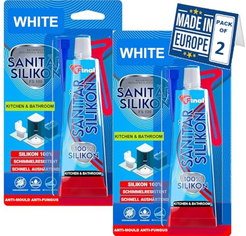 Tube Sanitary Small White Silicone Sealant, 50mlx2 PCs, 100% Silicon, ANTI-MOULD Waterproof Bathroom Silicone Sealant White, for Window, Sink, Kitchen, Bath, Shower, Door Frame, Upvc Filler,