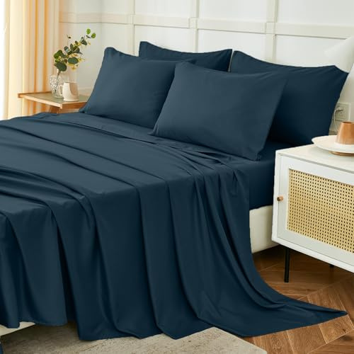 Homebliss Parure De Lit 180x190/200cm 4 Pièces en Polyester, Draps de Lit 2 Personnes, Drap Housse Ajustable 180x200 cm, Drap Plat 2 Personnes 240x250 cm et 2 Taie d'oreiller 50x80, Bleu