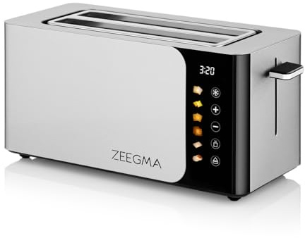 ZEEGMA TOSTEE SMART Tostadora de Pan de 4 Rebanadas de Acero Inoxidable, Soporte para Panecillos 1500 W, Descongelar, Recalentar y Parar, Bandeja para Migas, Panel Táctil con Temporizador, 6 Niveles