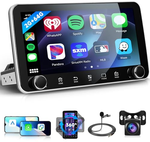 [2G+64G] Android Autoradio 1 Din con Wireless Carplay Android Auto, Hodozzy Rotante Touch Screen da 10,36 Pollici Autoradio con GPS, Bluetooth, WiFi, Radio FM/RDS, Schermo Diviso, EQ, USB, Fotocamera
