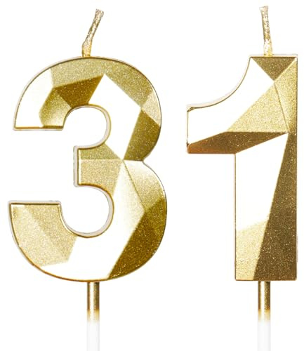 Yiran Gold 31. Geburtstagskerzen, 31. Geburtstagsdekorationen für Frauen und Männlich, 3D-Zahl-31-Kerze für Kuchen, Goldene Kuchendekorationen für Geburtstagsfeiern und Hochzeiten Zubehör