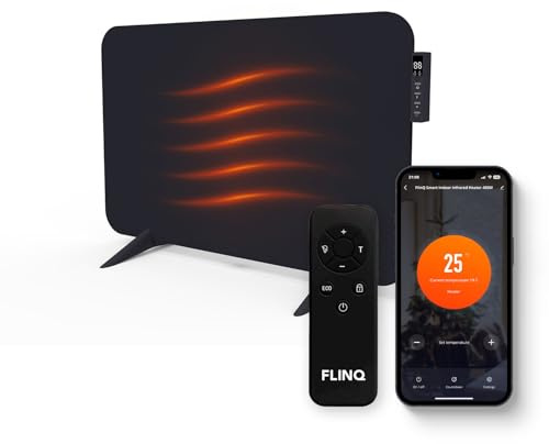 FlinQ 450W Smarte Infrarotheizung – Elektroheizung – Infrarot Wandheizung & Standgerät – Elektrischer Heizstrahler für Bad – Mit Thermostat – Schwarzes Panel