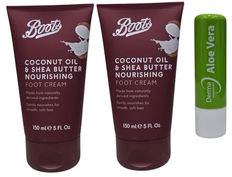 Boots Coconut Oil Shea Butter Nourishing Foot Cream For Smooth, Soft Feet 150ML Twin Pack With Free Aloe Vera Lip Balm