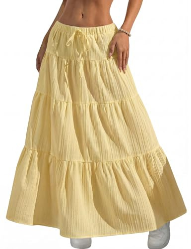 DERAX Women's Boho Flowy Maxi Skirt Flared Ruffle Elastic Waist Summer A Line Long Skirts Yellow S