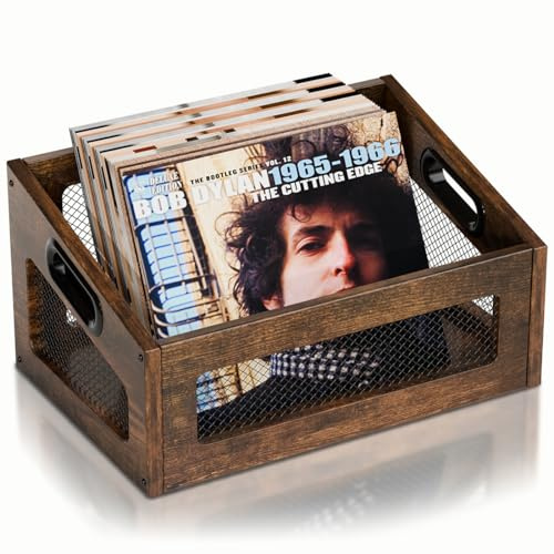 QILICHZ Record Storage,80+ Lps Vinyl Records Holder,Wood Vinyl Storage Crate,Rustic Album Storage for Vinyls Records, Magazine File Holder Rack for Home Office,Rustic Black