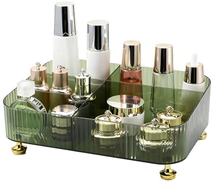 DASITON Makeup Organizer Countertop for Vanity, 5 Slots Makeup Brush Holder Organizer, Vintage Makeup Perfume Tray Cosmetic and Skincare Organizers for Bedroom Bathroom Counter, Desk Storage (Green)