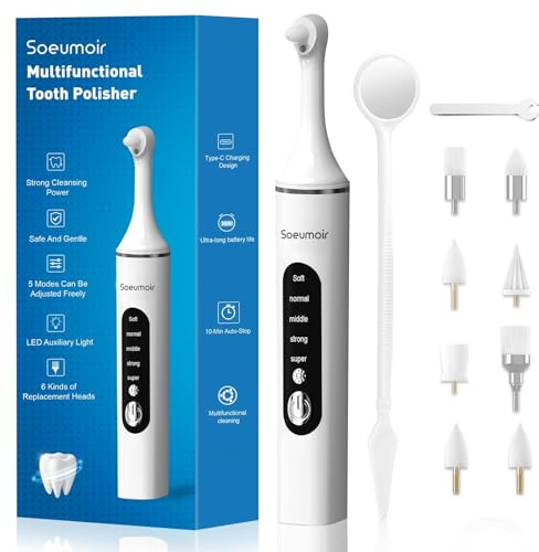 Tooth Polisher,Rechargeable Tooth Whitening Kit for Teeth Cleaning and Whitening, with 8 Brush Heads, LED Light, 5 Speed Modes Dental Polisher Personal Dental Care Kit for Home Use and Travel