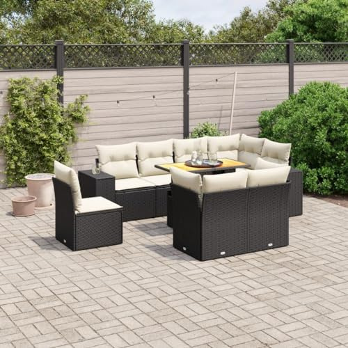 QJBSAVVA 9-TLG. Gartenmöbel Set Schwarz Poly Rattan Ecksofa Mittelsofa Couchtisch mit Verstellbarer Tischplatte 100x55x44/73 cm UV-beständig für Garten Terrasse Balkon