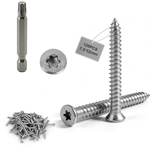 MIGUBIGU Pack of 120 Window Screws Frame Screws Diameter 7.5 x 52 mm, Patio Screws with Stainless Steel Bit Torx 30, Concrete Screws without Dowels, Facade Screws for Concrete, Doors and Windows