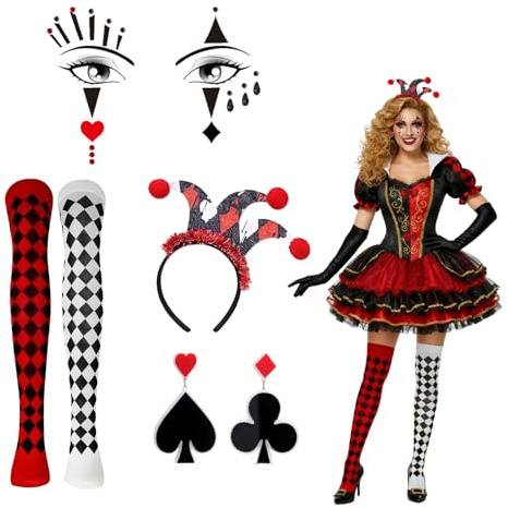 RAOPNHS 4 Stück Herzkönigin Kostüm Damen Set mit Strümpfe, Clown Haarband, Ohrringe und Gesicht Tattoo Sticker, Herzdame Kostüm, Queen of Hearts Costume für Karneval Faschingskostüme Halloween