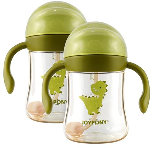 Joypony PPSU Trinklernbecher mit Strohhalm & Gewichtskugel, 266ml (9oz) Baby Trinkflasche Auslaufsicher, inkl. 4 Strohhalme & 2 Reinigungsbürste, Strohhalmbecher ab 6 Monate, BPA-Frei Grün/2 pack