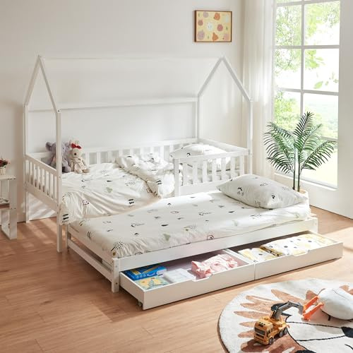 [en.casa] Letto per Cameretta a Forma di Casetta con Letto Estraibile Struttura in Legno di Pino a 2 Piazze con Barriera Anticaduta e 2 Cassetti 90x200 cm - Bianco
