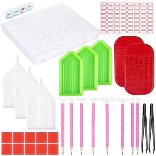 30Pcs Diamond Painting Accessories Kit for Adults DIY Rhinestone Painting | 56 Grids Diamond Painting Storage Box, 8Pcs Drill Pens, Trays, Anti-Slip Mat, Labels, Tweezers Embroidery Craft Tools