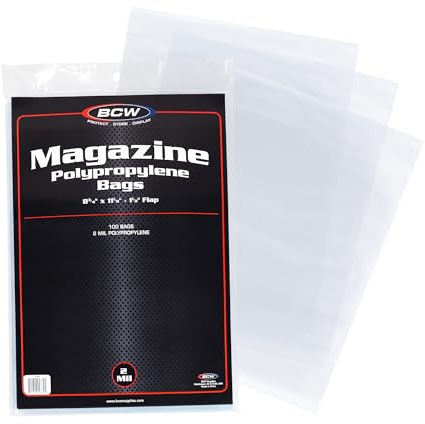 BCW Magazine Bags - 1 Pack of 100 | Acid-Free, Crystal Clear Polypropylene Sleeves for Archival-Quality Storage of Collectible Magazines | Protect and Showcase Your Valuable Comic Book Collection