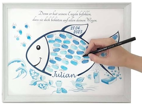 Taufe Geschenk Fisch Fingerabdruckbaum Gästebuch Alternative Kommunion | Junge Mädchen Geschenk Taufe Kommunion Fingerabdruck Fisch Gästebuch