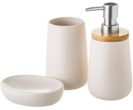 LOLAhome - Juego de dispensador y portacepillos de baño de cerámica Blanca Estilo nórdico con Detalles de bambú. Incluye 3 Piezas para Decorar tu Lavabo con Elegancia Orden y Utilidad