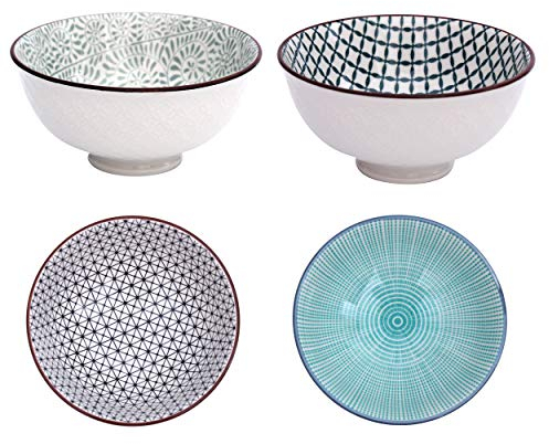 Flanacom Juego de 4 Cuencos de Cerámica Boho, 500 ml de Capacidad - Surtido de Coloridos Cuencos de Porcelana para Cereales, Aperitivos y Postres, Aptos para Microondas y Lavavajillas