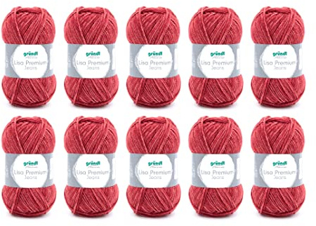Gründl Lisa Premium Jeans - filato per maglieria e uncinetto (carattere morbido e simile alla lana, lavabile, 100% poliacrilico, 50g/133m, spessore ago: 3,5-4,5, 10x50g) - Rosso Orientale