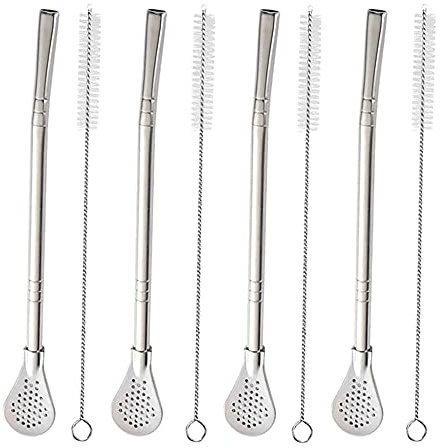 Yerba Mate Bombilla Straw, Stainless Steel Drinking Straws with Filter Spoon, Detachable Tea Straws, Reusable for Loose Tea, Coffee, Drinks, with 4 Cleaning Brush, 7.2 (4 Pack, Silver)