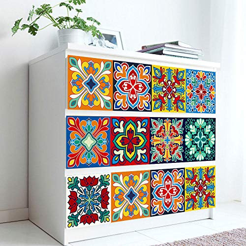 Stick on Tiles Red Blue Print Tile Stickers PVC Self Adhesive Wall Tiles Heat Resistant Tile Stickers for Kitchen Bathroom Waterproof Peel and Stick Floor Tiles Tile Paint 30x30cm