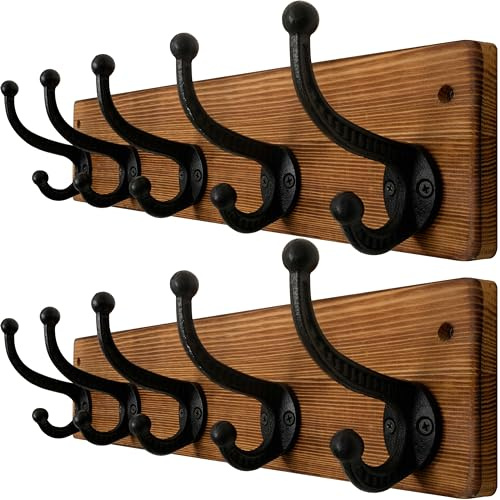 WEBI Garderobenleiste Holz,Wandgarderobe mit 5 Haken Gusseisen,Garderobenhaken Wand,Kleiderhaken Wand,Garderobe Hakenleiste für Mäntel,Jacken,Rustikal Braun,2 Stück