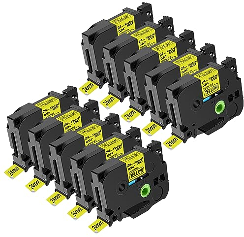 NineLeaf 10 x Kompatibel für Brother P-touch TZe-651 TZe651 TZ-651 TZ651 AZe-651 TZE Schriftband 24mm 0.94'' Schwarz auf Gelb Laminiert Etikettenband für Ptouch PT-D600 D600VP E500 Beschriftungsgerät