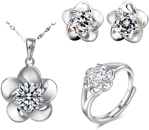 FDEETY 3 Piezas Conjunto Joyas Cuadrado Brillante Collar Pendientes Anillo Ajustable Cristal Circonita Cúbica Plata Elegante Mujer