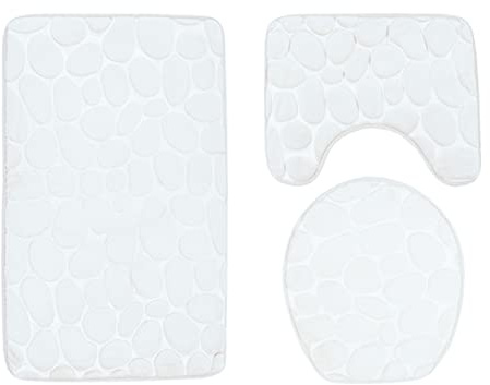 Lifup Badematte 3er Set, Weiche rutschfeste Wasserabsorbierend Badezimmermatte Duschvorleger, 1 Badezimmer Teppiche, 1 Toilettenmatte, 1 Toilettensitzbezug Weiß