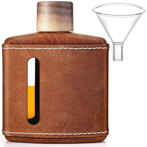 Garybank Handmade Crazy Horse Leather Hip Flasks for Whiskey Liquor for Men, Fathers Day Glass Flask Gift Idea with Funnel &Wood Lids Leakproof for Hennessy Liquor &Spirits, 200ml