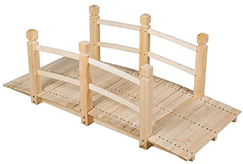 GOPLUS Puente de Madera Rústica y Maciza con Mano Corriente, Decoración de Jardín, Puente de Estanque, Soporta Peso Máximo 100 KG, 150 x 67 x 55 CM, Natural