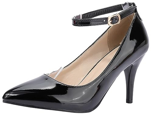 Gicoiz Fußkleidung Damen Arbeit Knöchelriemchen Pointed Toe Stiletto Pump Mode Lack Höhe Ferse Schuhe Geschlossen Formal Abendschuhe Schwarz Gr 42 EU-44Cn