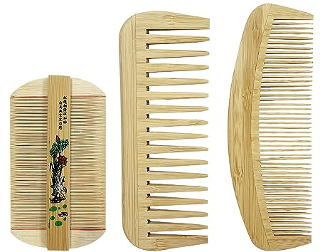 ONEBO Set aus 3 Kämmen in originaler Holzfarbe,Bamboo Kamm,Handgefertigte Kämme,Für langes,kurzes,grobes und feines Haar,sowie zum Entfernen von Schuppen
