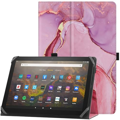 HoYiXi Universelle Hülle für 9-10,1 Zoll Tablette Fire HD 10 2021/2023 & Fire HD 10 Plus 2021/2023 mit Ständer und Handschlaufe Schutzhülle für 9-10,1 Samsung Lenovo Android Tablette - Rosa Marmor