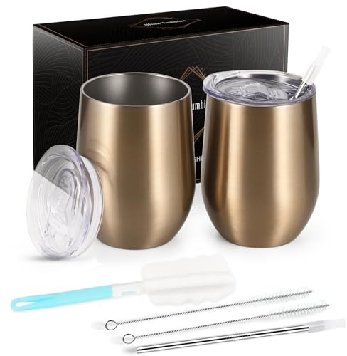 Joymaking 2 Stück Weinbecher Edelstahl, Stemless Weinbecher mit Deckel, Doppelwandige Unbreakable Travel Becher für Milk, Kaffee, Wein, Bier, Champagner, Cocktails, Champagner-Gold