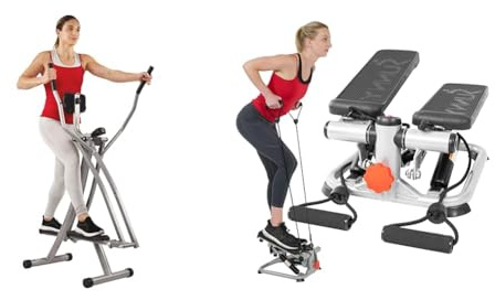 Sunny Health & Fitness Elliptical Cross Trainer w/LCD Monitor, Air Walker Exercise Machines + Advanced Mini Home Steppers, Total Body Workout Stair Machine with Resistance Bands